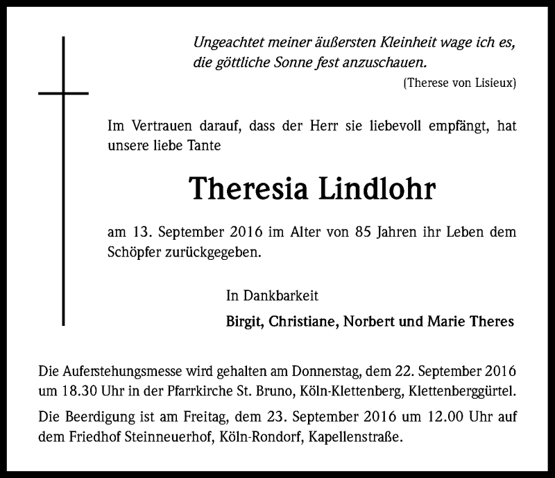  Traueranzeige für Theresia Lindlohr vom 17.09.2016 aus Kölner Stadt-Anzeiger / Kölnische Rundschau / Express