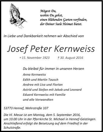 Anzeige von Josef Peter Kernweiss von Kölner Stadt-Anzeiger / Kölnische Rundschau / Express