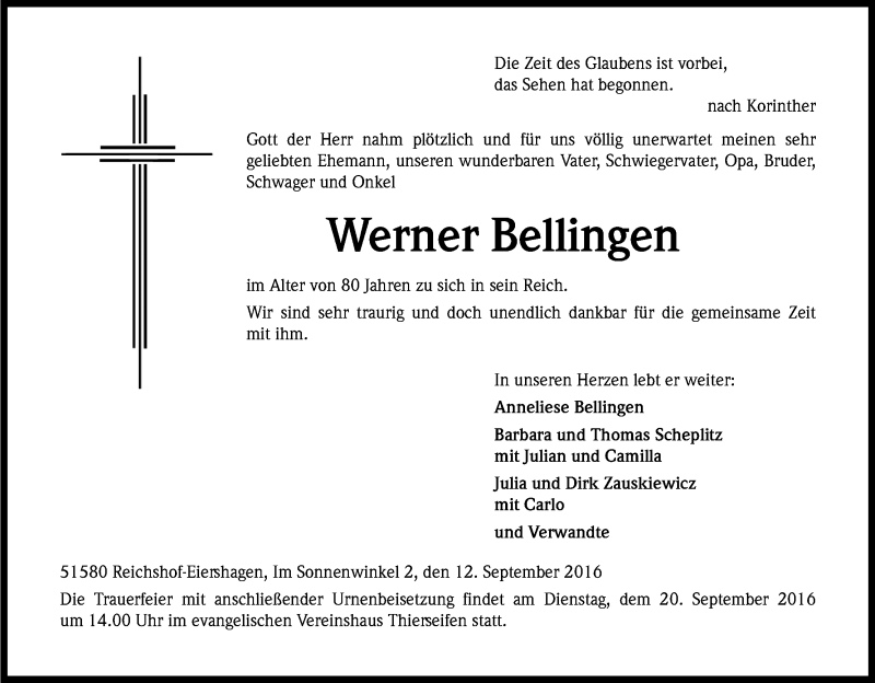  Traueranzeige für Werner Bellingen vom 17.09.2016 aus Kölner Stadt-Anzeiger / Kölnische Rundschau / Express