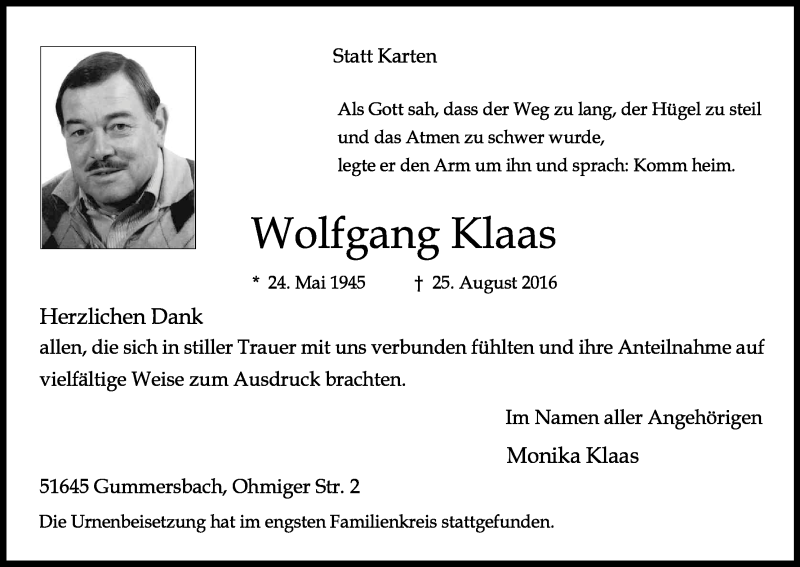  Traueranzeige für Wolfgang Klaas vom 23.09.2016 aus Kölner Stadt-Anzeiger / Kölnische Rundschau / Express