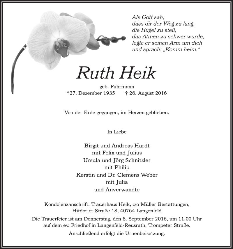  Traueranzeige für Ruth Heik vom 03.09.2016 aus  Leverkusener Wochenende 