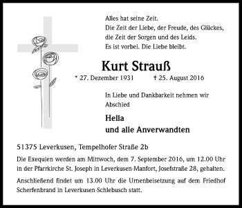 Anzeige von Kurt Strauß von Kölner Stadt-Anzeiger / Kölnische Rundschau / Express