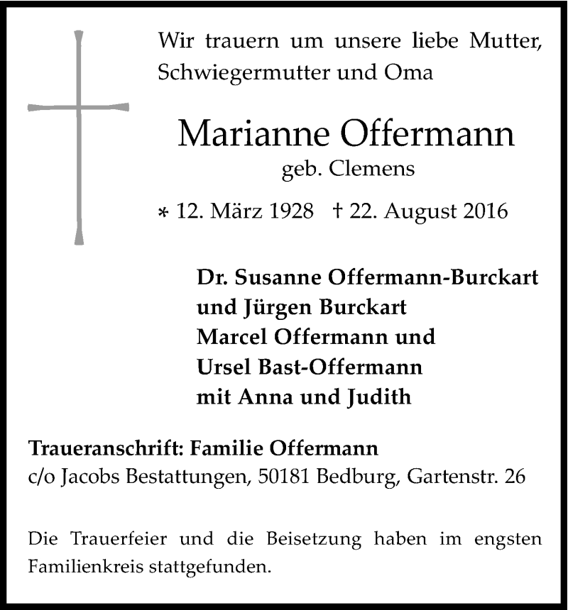  Traueranzeige für Marianne Offermann vom 03.09.2016 aus Kölner Stadt-Anzeiger / Kölnische Rundschau / Express