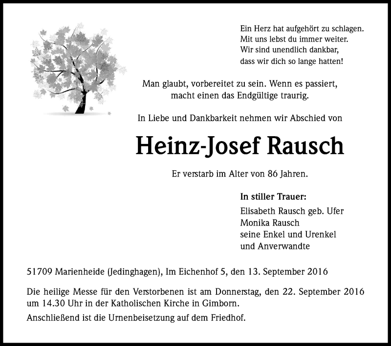  Traueranzeige für Heinz-Josef Rausch vom 19.09.2016 aus Kölner Stadt-Anzeiger / Kölnische Rundschau / Express