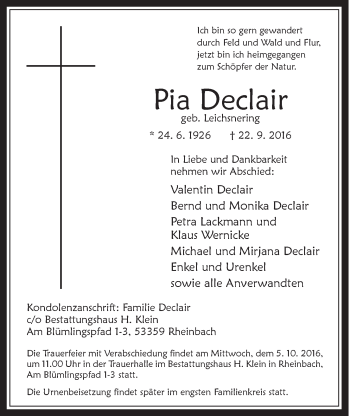 Anzeige von Pia Declair von  Schaufenster/Blickpunkt 