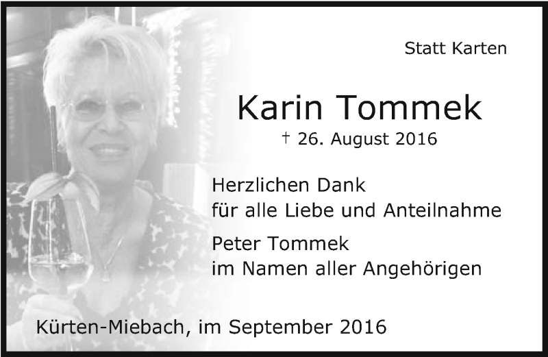  Traueranzeige für Karin Tommek vom 28.09.2016 aus  Bergisches Handelsblatt 