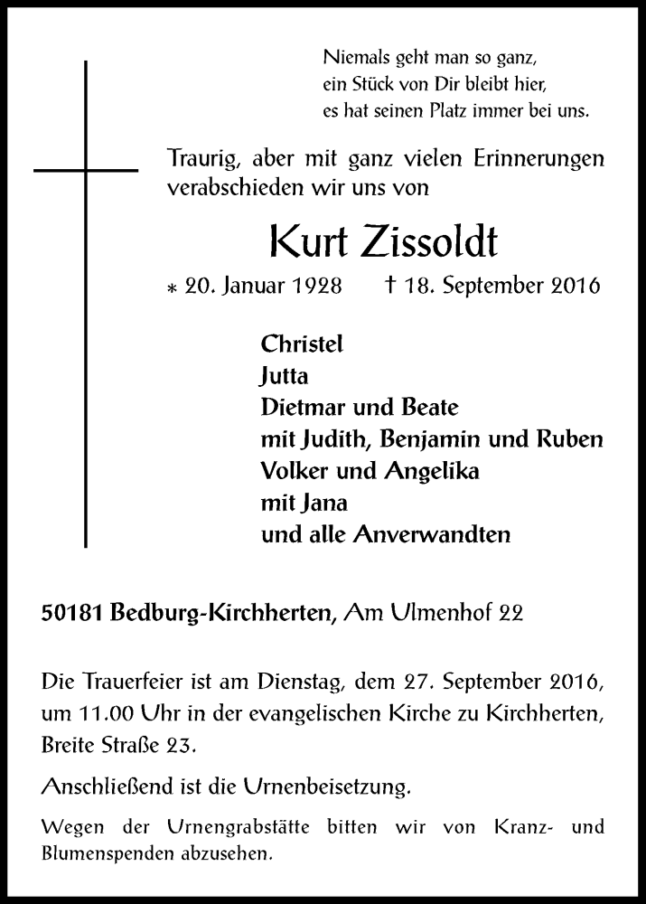  Traueranzeige für Kurt Zissoldt vom 24.09.2016 aus Kölner Stadt-Anzeiger / Kölnische Rundschau / Express