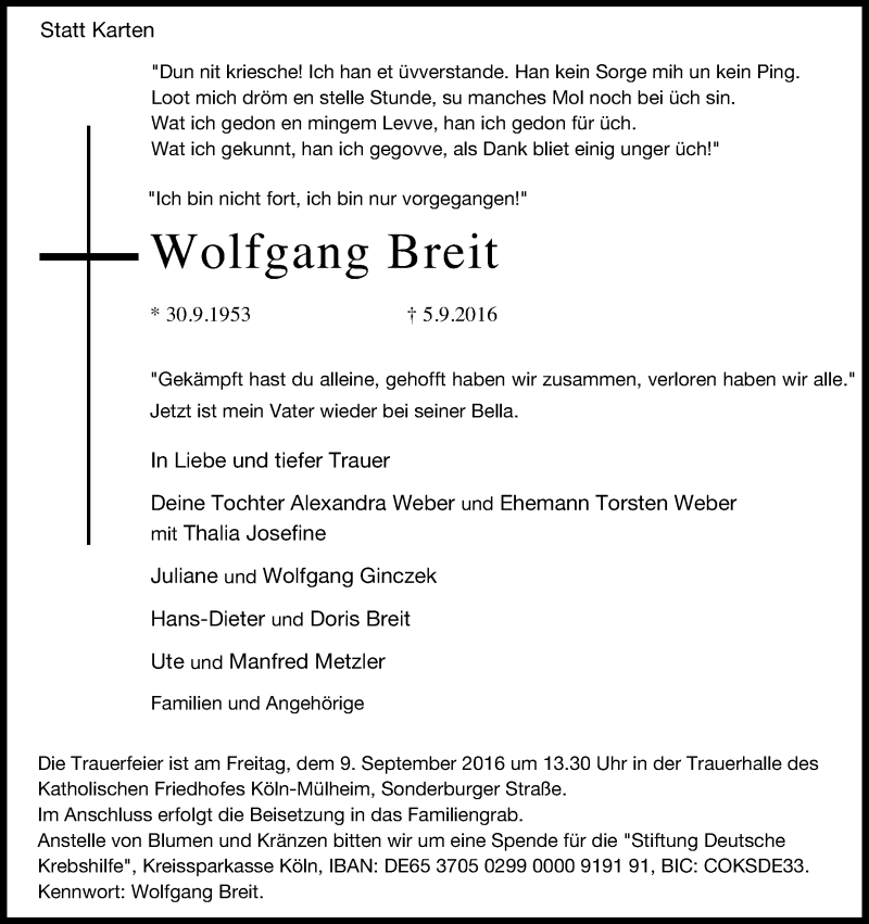  Traueranzeige für Wolfgang Breit vom 07.09.2016 aus Kölner Stadt-Anzeiger / Kölnische Rundschau / Express