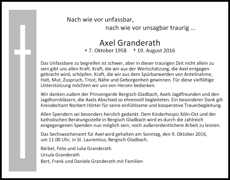  Traueranzeige für Axel Granderath vom 01.10.2016 aus Kölner Stadt-Anzeiger / Kölnische Rundschau / Express