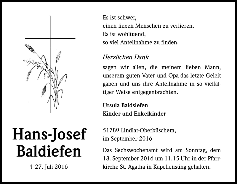  Traueranzeige für Hans-Josef Baldsiefen vom 09.09.2016 aus Kölner Stadt-Anzeiger / Kölnische Rundschau / Express