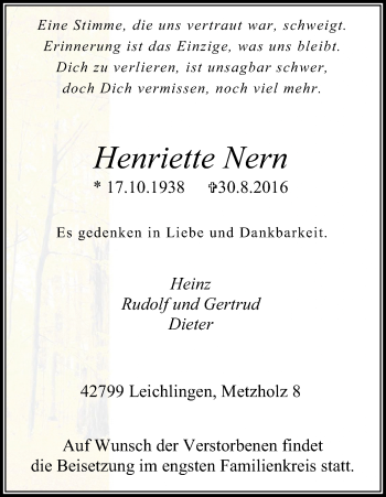 Anzeige von Henriette Nern von Kölner Stadt-Anzeiger / Kölnische Rundschau / Express