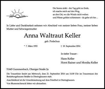 Anzeige von Anna Waltraut Keller von Kölner Stadt-Anzeiger / Kölnische Rundschau / Express
