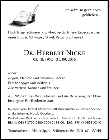 Anzeige von Herbert Nicke von Kölner Stadt-Anzeiger / Kölnische Rundschau / Express