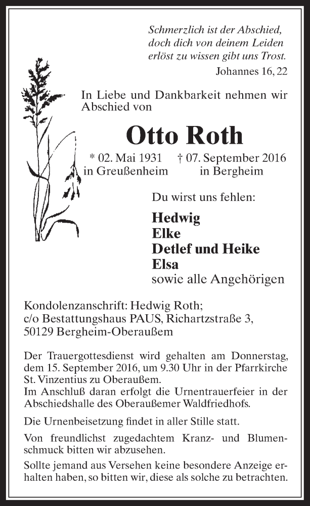  Traueranzeige für Otto Roth vom 14.09.2016 aus  Werbepost 