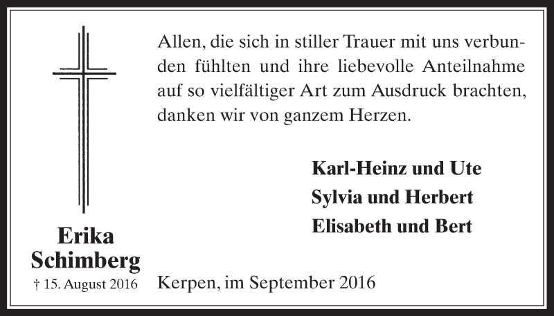  Traueranzeige für Erika Schimberg vom 28.09.2016 aus  Werbepost 