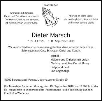 Anzeige von Dieter Marsch von Kölner Stadt-Anzeiger / Kölnische Rundschau / Express
