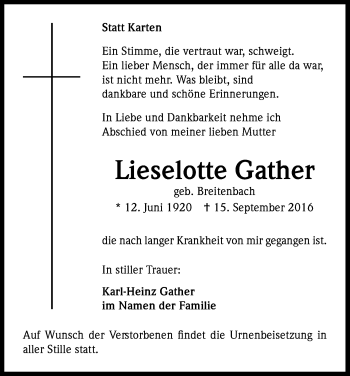 Anzeige von Lieselotte Gather von Kölner Stadt-Anzeiger / Kölnische Rundschau / Express