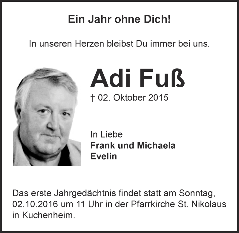  Traueranzeige für Adi Fuß vom 24.09.2016 aus  Blickpunkt Euskirchen 