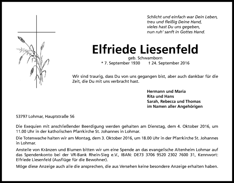  Traueranzeige für Elfriede Liesenfeld vom 28.09.2016 aus Kölner Stadt-Anzeiger / Kölnische Rundschau / Express