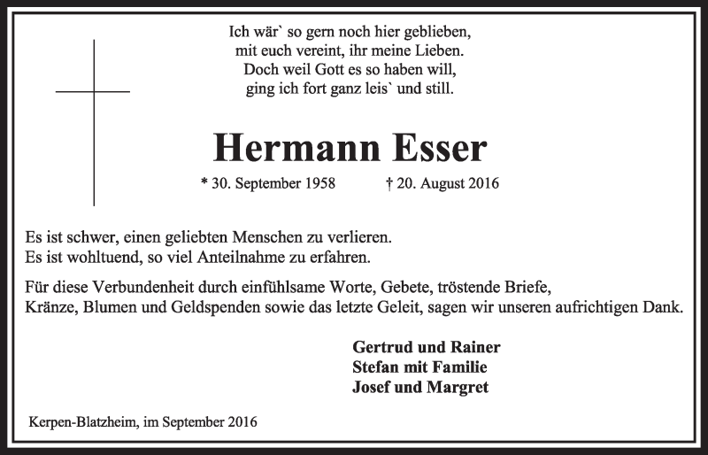  Traueranzeige für Hermann Esser vom 24.09.2016 aus  Sonntags-Post 