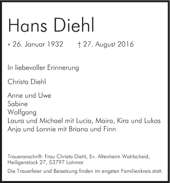 Anzeige von Hans Diehl von Kölner Stadt-Anzeiger / Kölnische Rundschau / Express