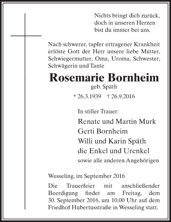 Anzeige von Rosemarie Bornheim von  Schlossbote/Werbekurier 