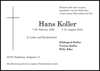 Anzeige von Hans Koller von Kölner Stadt-Anzeiger / Kölnische Rundschau / Express
