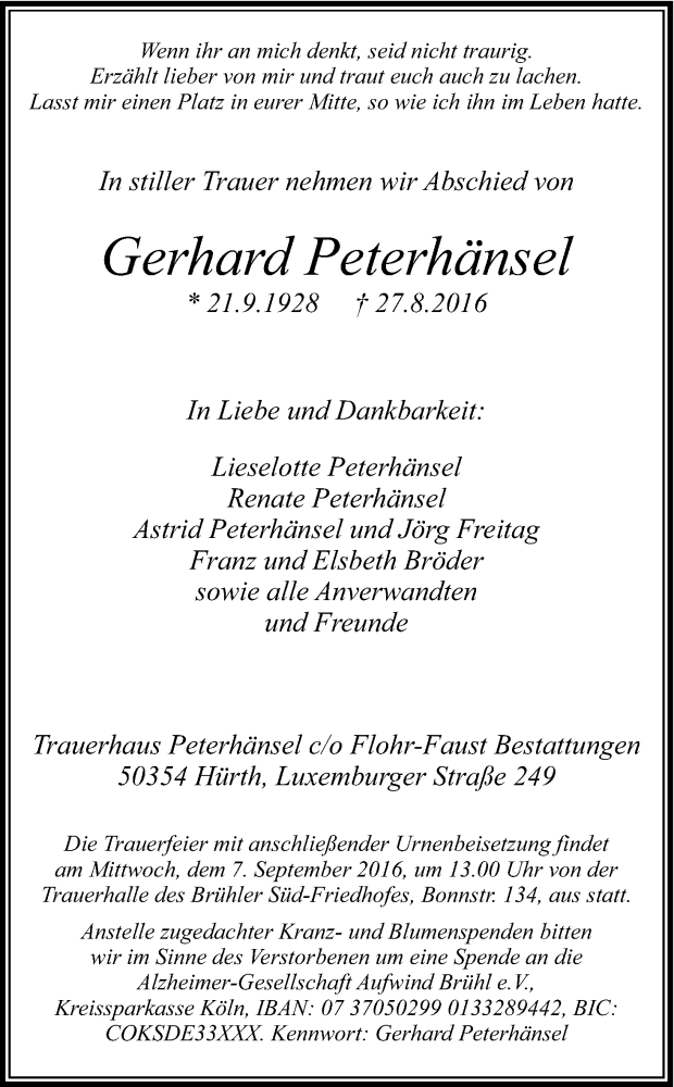  Traueranzeige für Gerhard Peterhänsel vom 03.09.2016 aus Kölner Stadt-Anzeiger / Kölnische Rundschau / Express