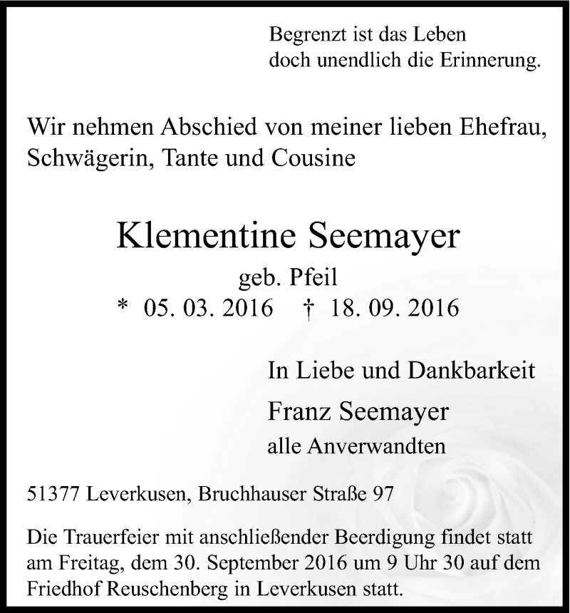  Traueranzeige für Klementine Seemayer vom 24.09.2016 aus Kölner Stadt-Anzeiger / Kölnische Rundschau / Express