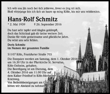 Anzeige von Hans-Rolf Schmitz von Kölner Stadt-Anzeiger / Kölnische Rundschau / Express