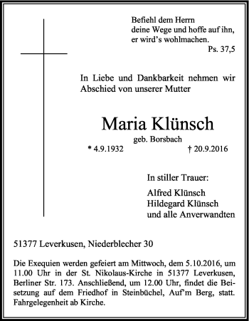Anzeige von Maria Klünsch von Kölner Stadt-Anzeiger / Kölnische Rundschau / Express