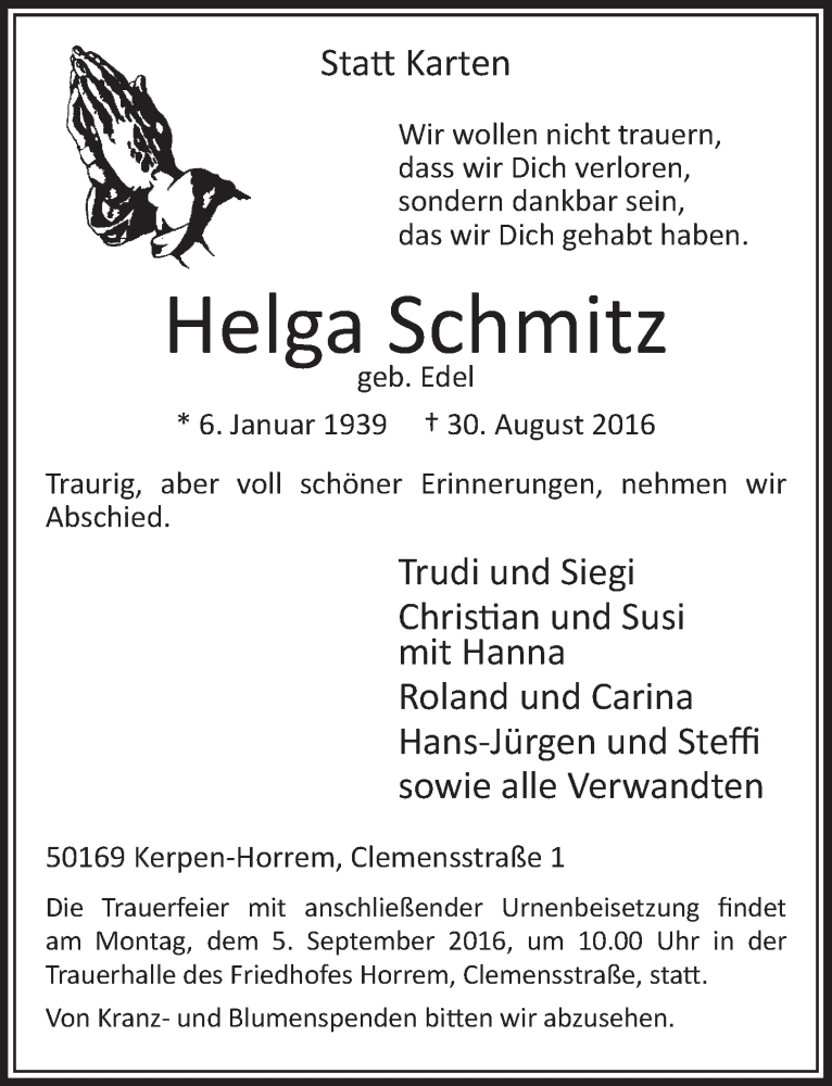  Traueranzeige für Helga Schmitz vom 03.09.2016 aus  Sonntags-Post 