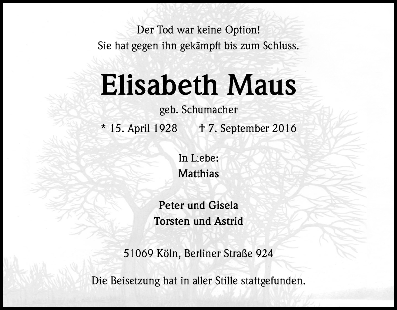  Traueranzeige für Elisabeth Maus vom 17.09.2016 aus Kölner Stadt-Anzeiger / Kölnische Rundschau / Express