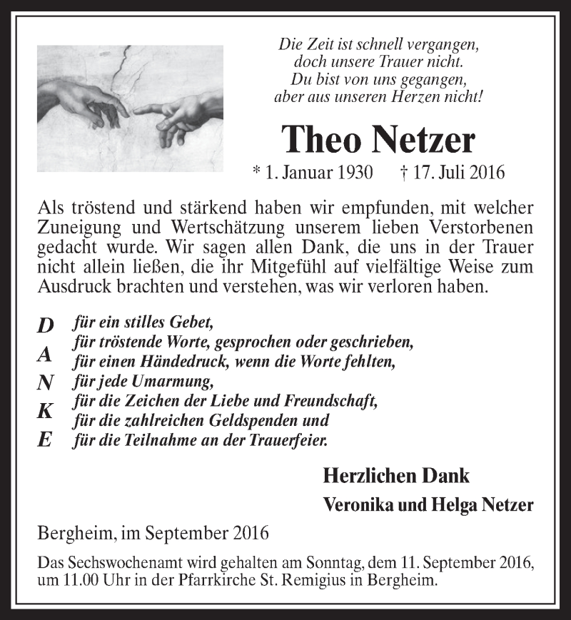  Traueranzeige für Theo Netzer vom 07.09.2016 aus  Werbepost 