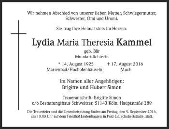 Anzeige von Lydia Maria Theresia  Kammel von  Kölner Wochenspiegel 