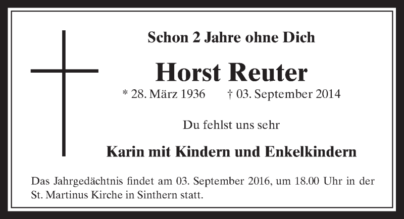  Traueranzeige für Horst Reuter vom 03.09.2016 aus  Sonntags-Post 