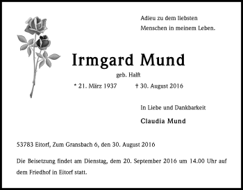 Anzeige von Irmgard Mund von Kölner Stadt-Anzeiger / Kölnische Rundschau / Express