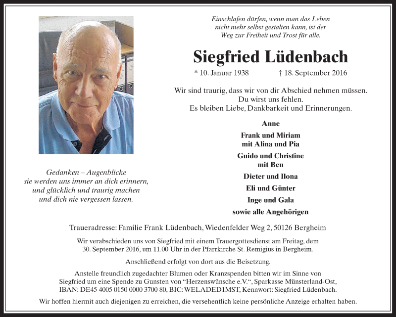  Traueranzeige für Siegfried Lüdenbach vom 28.09.2016 aus  Werbepost 