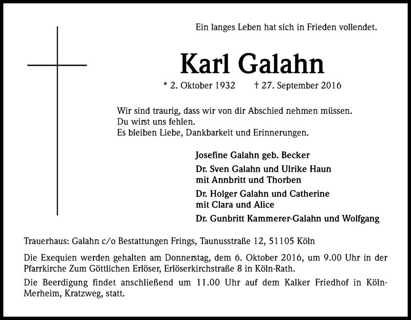  Traueranzeige für Karl Galahn vom 01.10.2016 aus Kölner Stadt-Anzeiger / Kölnische Rundschau / Express