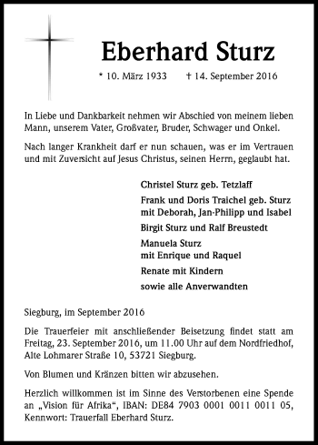 Anzeige von Eberhard Sturz von Kölner Stadt-Anzeiger / Kölnische Rundschau / Express