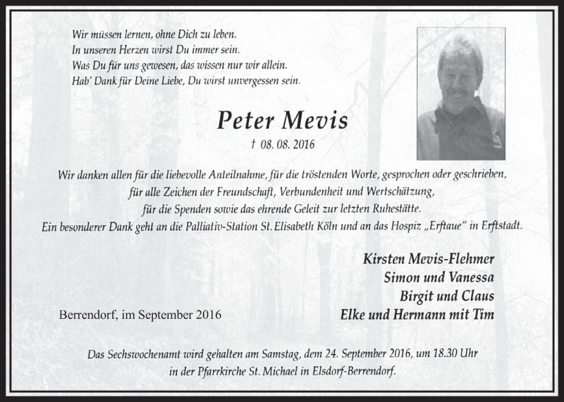 Traueranzeige für Peter Mevis vom 17.09.2016 aus  Sonntags-Post 