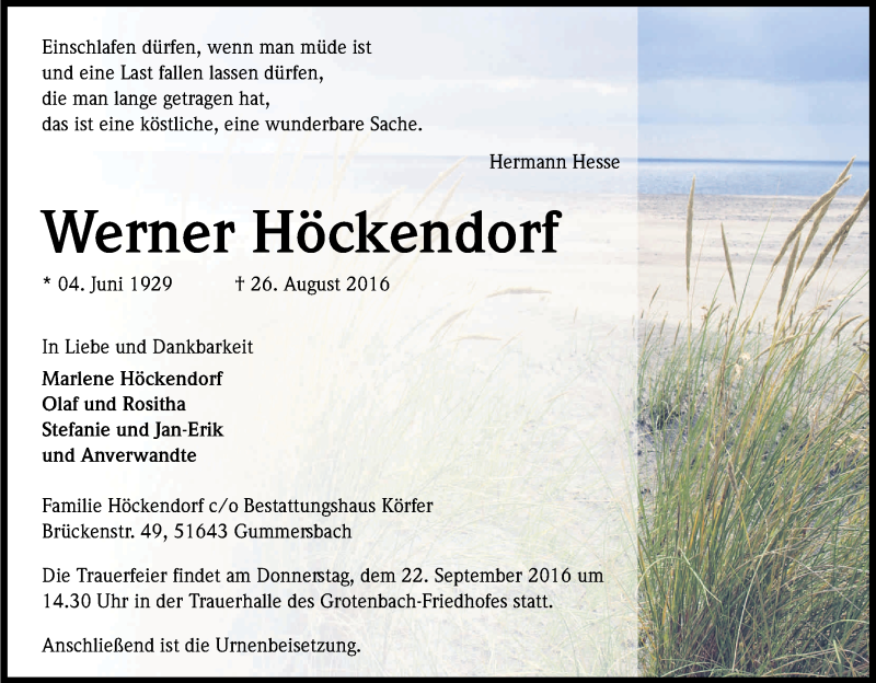  Traueranzeige für Werner Höckendorf vom 03.09.2016 aus Kölner Stadt-Anzeiger / Kölnische Rundschau / Express