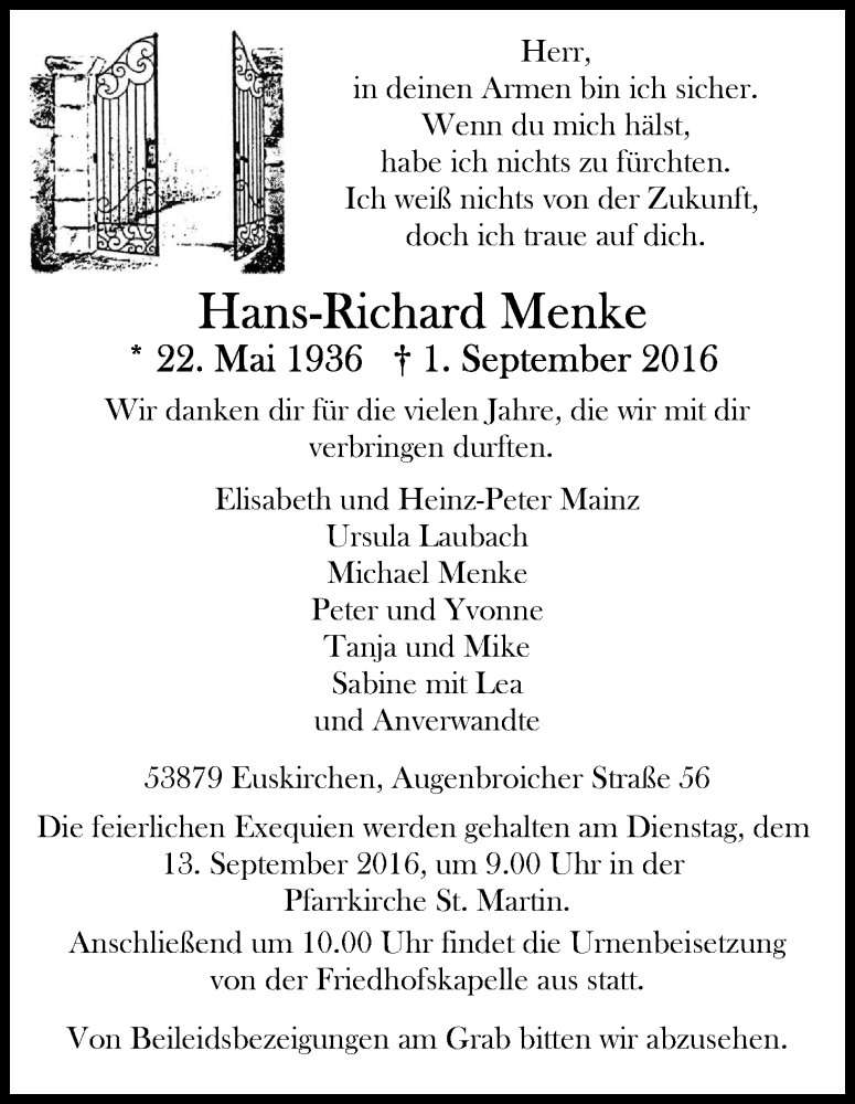 Traueranzeige für Hans-Richard Menke vom 10.09.2016 aus Kölner Stadt-Anzeiger / Kölnische Rundschau / Express