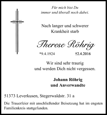 Anzeige von Therese Röhrig von Kölner Stadt-Anzeiger / Kölnische Rundschau / Express