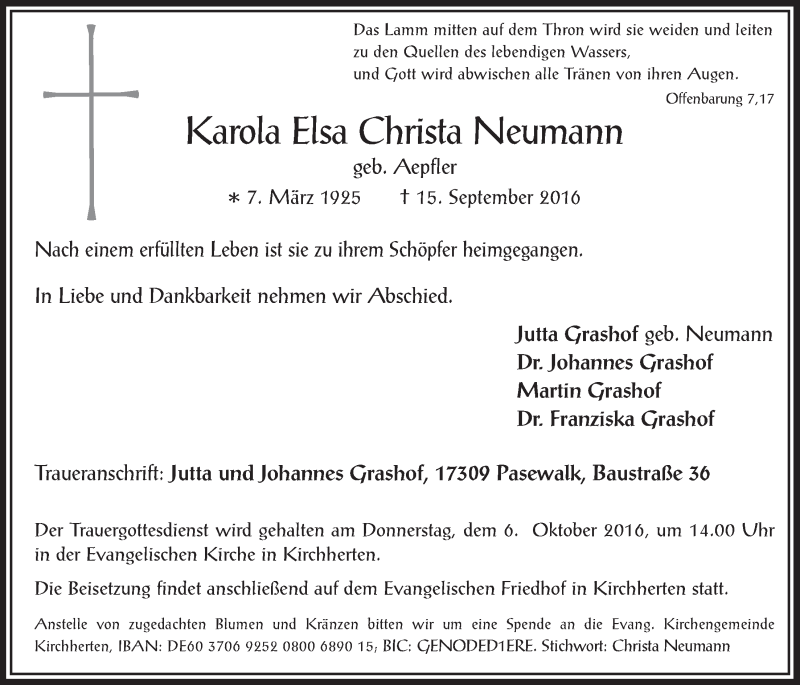  Traueranzeige für Karola Elsa Christa Neumann vom 28.09.2016 aus  Werbepost 
