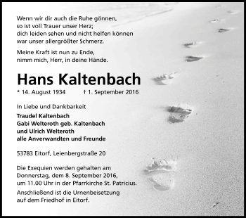 Anzeige von Hans Kaltenbach von Kölner Stadt-Anzeiger / Kölnische Rundschau / Express