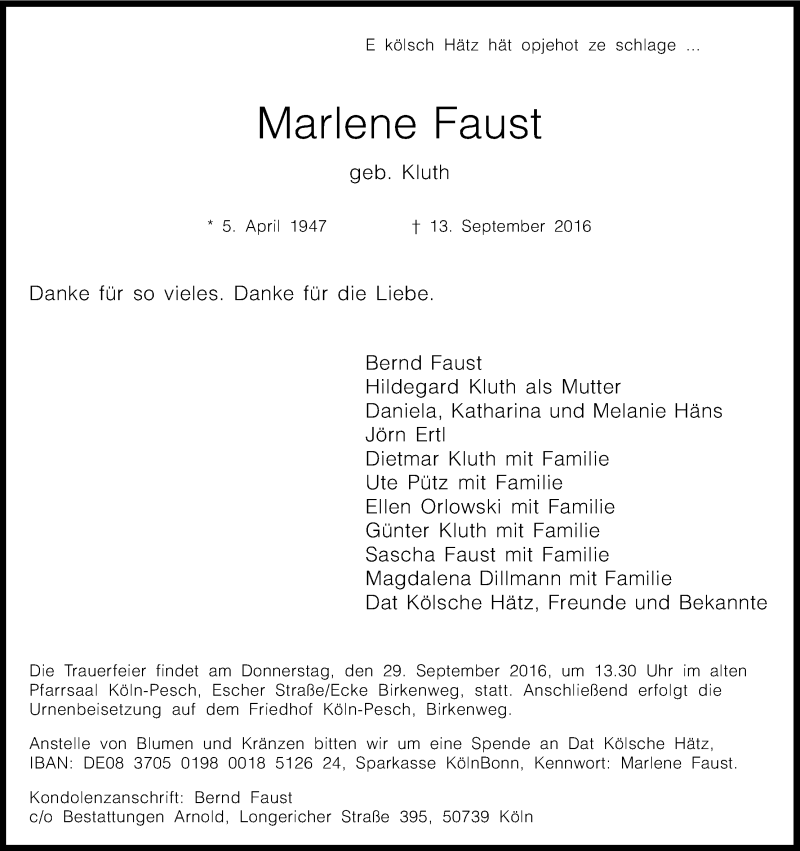  Traueranzeige für Marlene Faust vom 24.09.2016 aus Kölner Stadt-Anzeiger / Kölnische Rundschau / Express