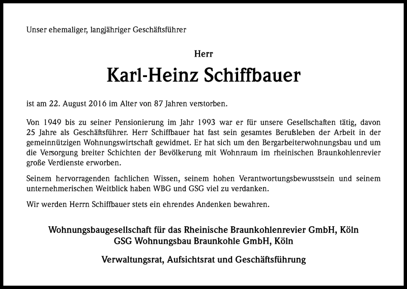  Traueranzeige für Karl-Heinz Schiffbauer vom 17.09.2016 aus Kölner Stadt-Anzeiger / Kölnische Rundschau / Express