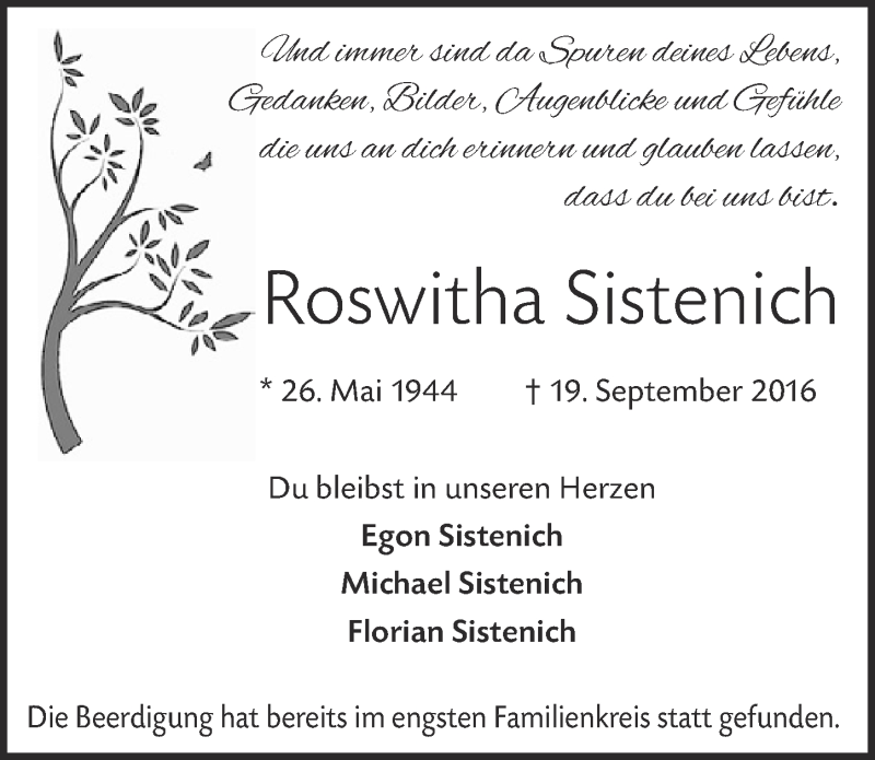  Traueranzeige für Roswitha Sistenich vom 01.10.2016 aus  Blickpunkt Euskirchen 