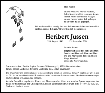 Anzeige von Heribert Jussen von Kölner Stadt-Anzeiger / Kölnische Rundschau / Express
